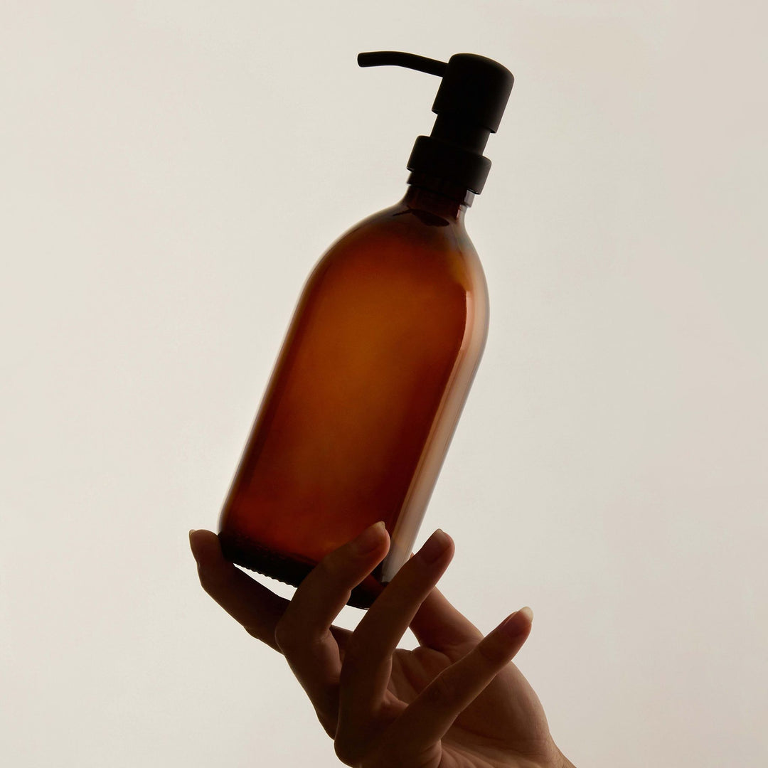 Amber Glass Dispenser Stainless Steel Pump